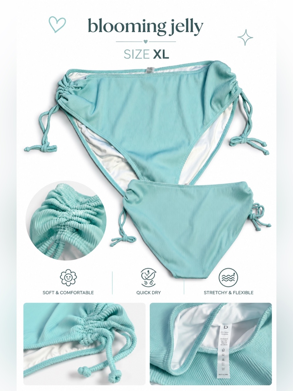 Blooming Jelly Ribbed Side Tie Bikini Bottom XL Aqua Blue Swimwear